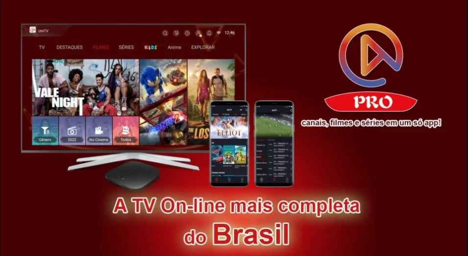 Material UniTV com televisão, TV Box e celular